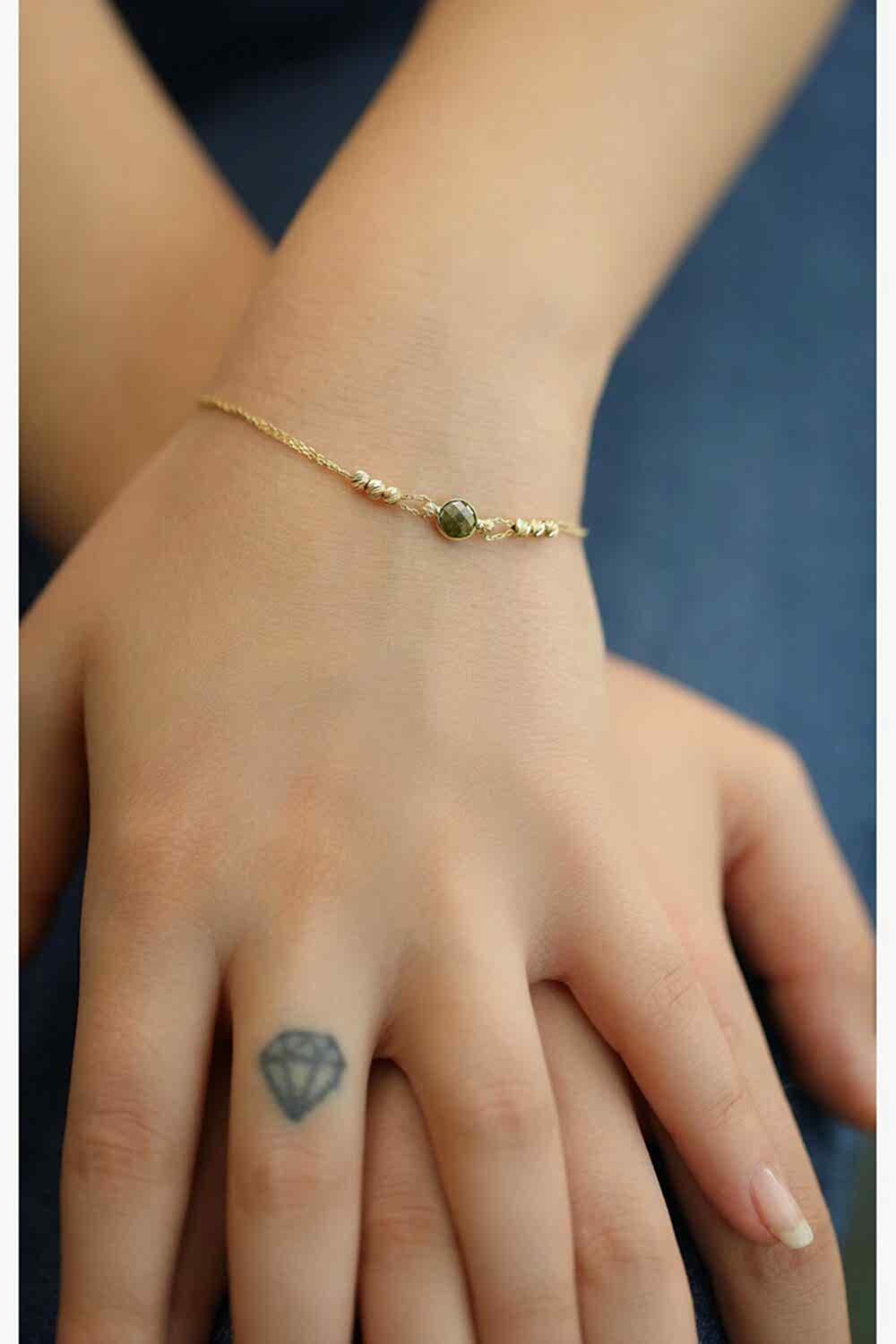 14 Ayar Altın Dorikalı Yuvarlak Yeşil Taşlı Bileklik, Anneye Eşe Sevgiliye